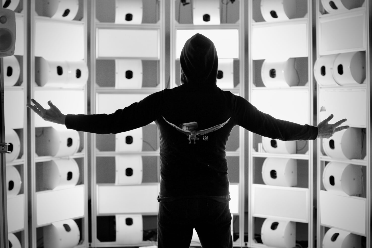 Mark Ghuneim standing a mid Raphaela Vogel's work In the Expanded Penalty Box: Did You Happen to See the Most Beautiful Fox?